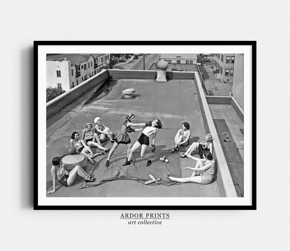 Women Boxing on Rooftop, Vintage Black And White Art Print
