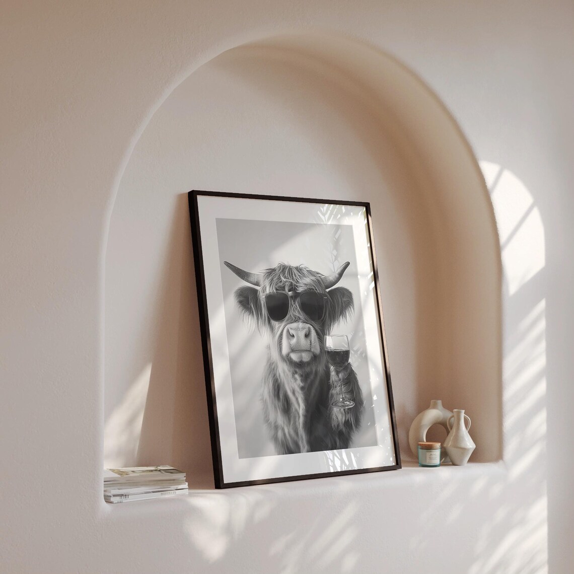 Highland Cow Drinking Wine Art Print, Black And White - Image 4