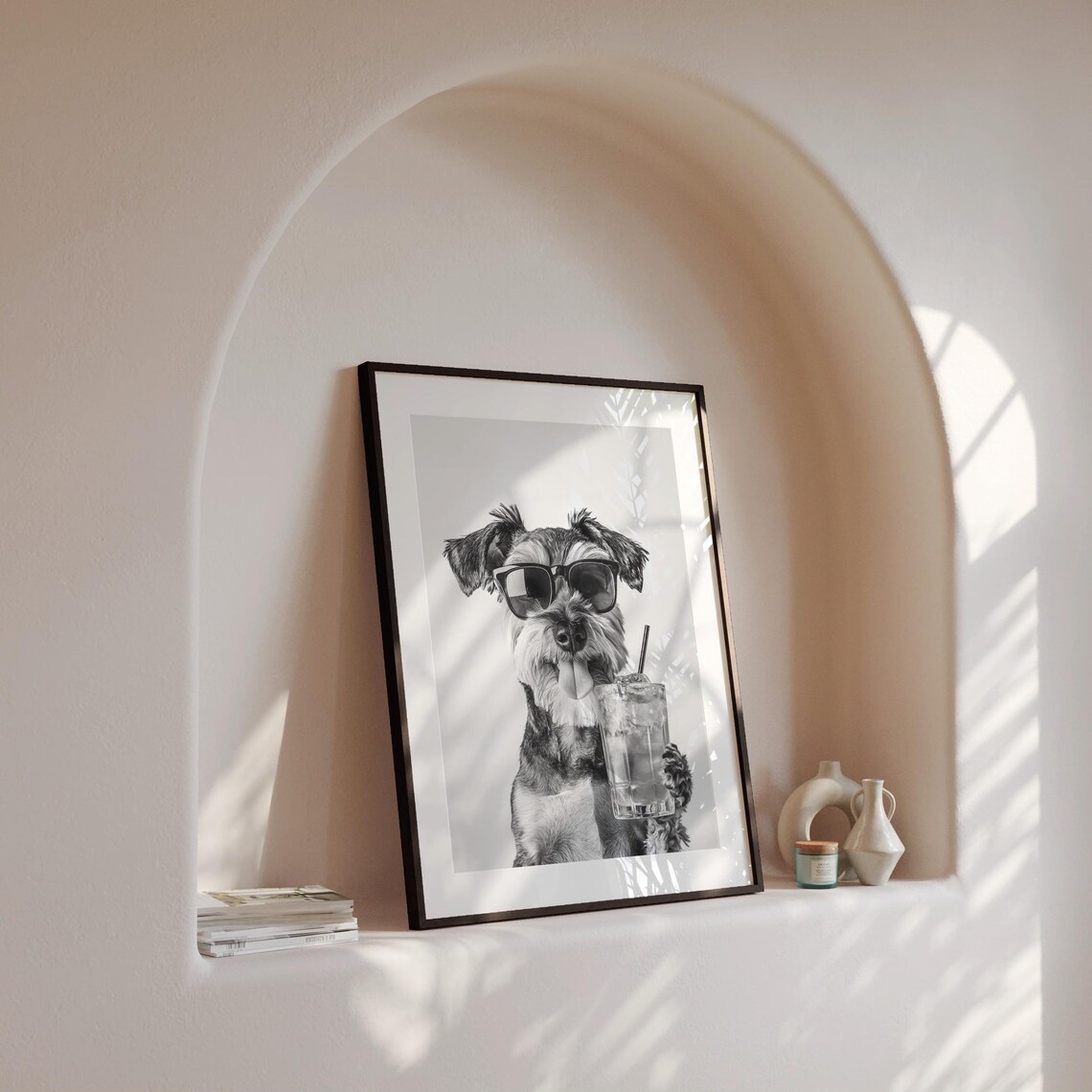 Mini Schnauzer Holding Cocktail Poster, Black And White - Image 4
