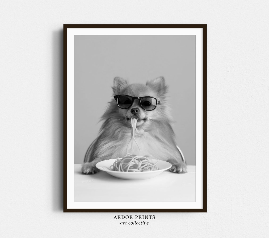 Pomeranian Eating Spaghetti With Sunglasses Black and White Poster