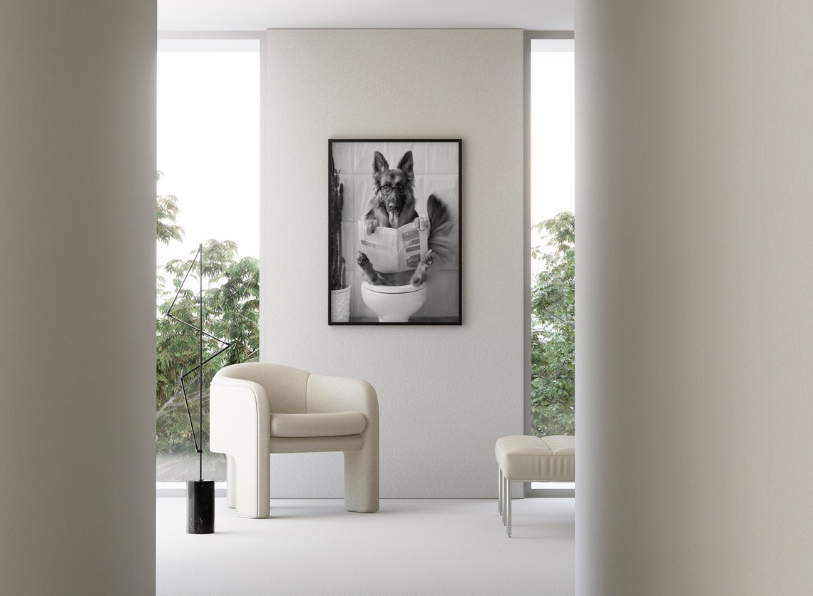 German Shepherd Sitting on Toilet Reading Newspaper Funny Dog Poster - Image 3