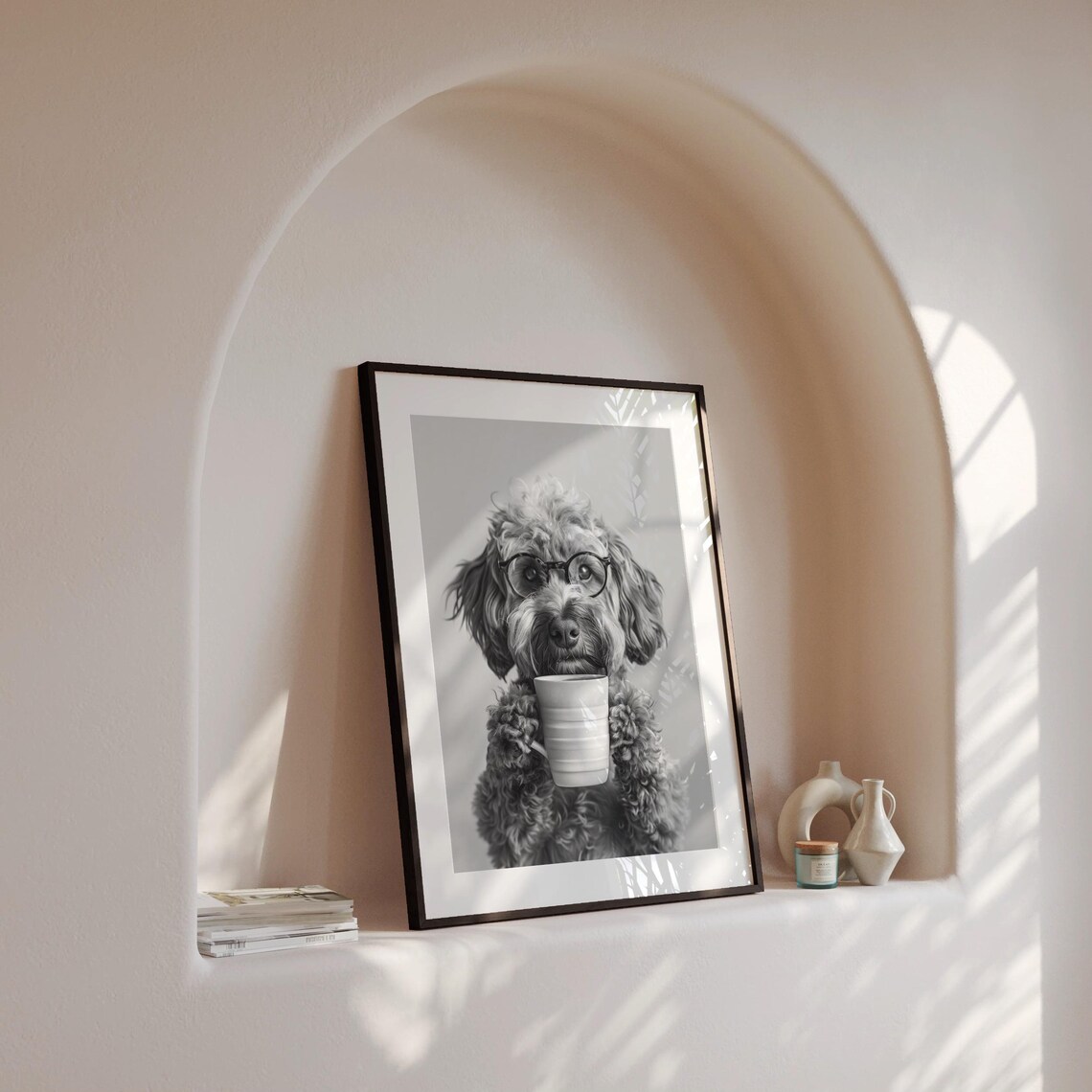 Cockapoo Holding Coffee Black And White Art Print - Image 4