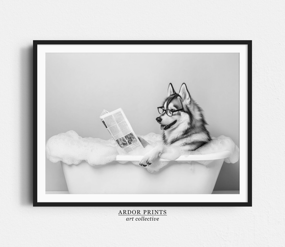 Siberian Husky In Bathtub Funny Bathroom Poster