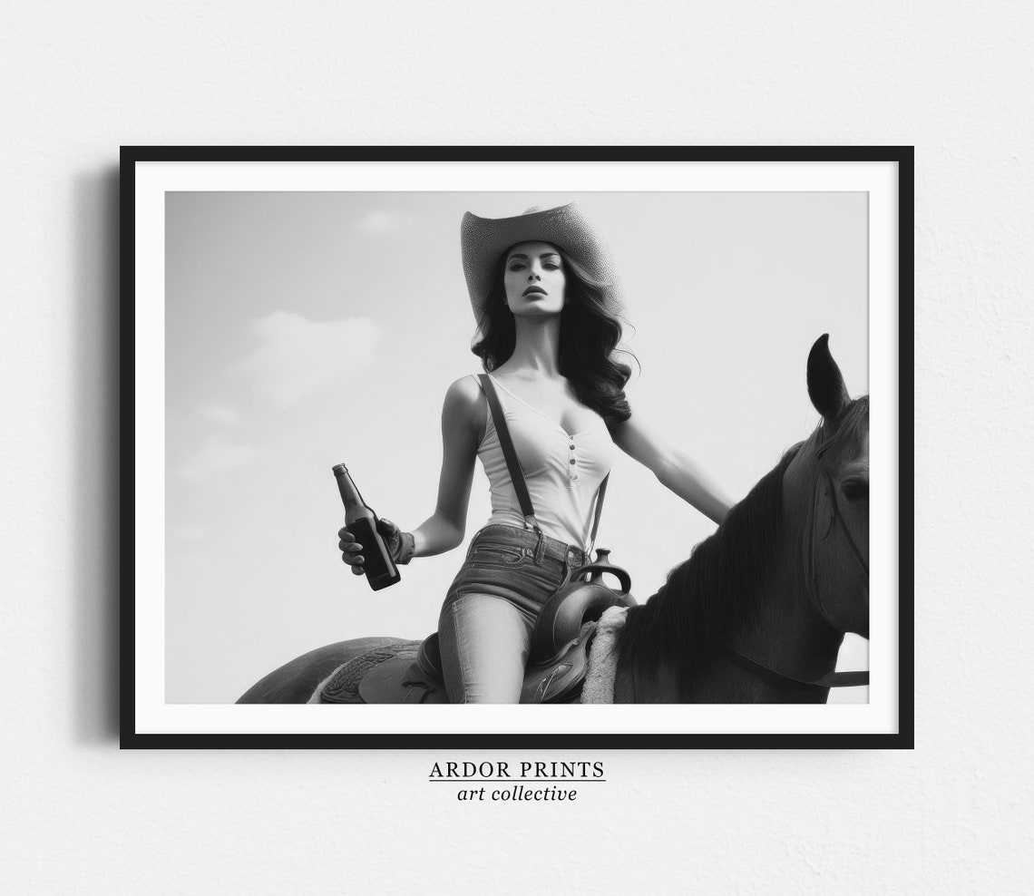 Woman Riding On Horse Holding Beer Wall Art Cowgirl Print Western Girl Decor Black And White Print Vintage Wall Art Retro Farmhouse