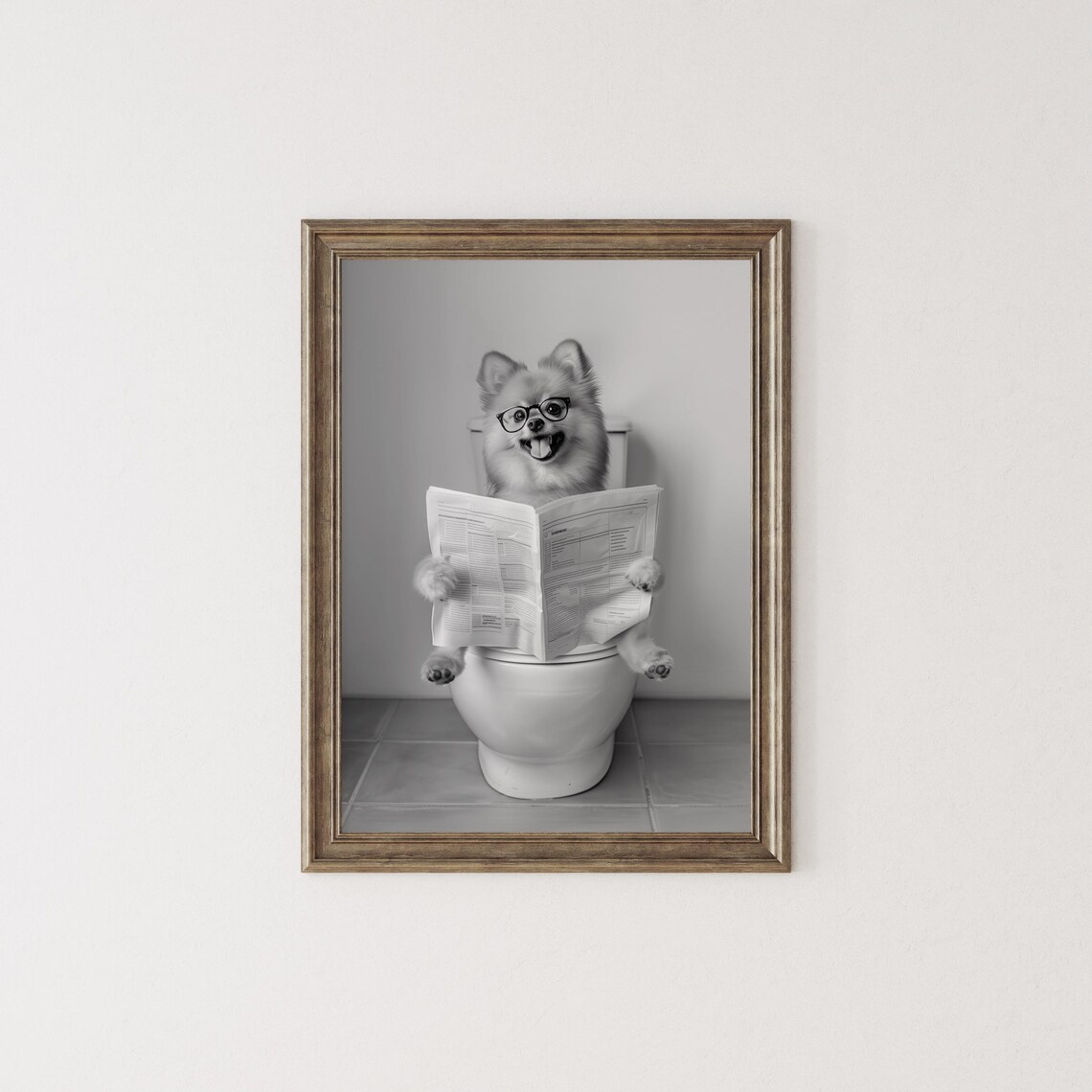 Pomeranian Reading Newspaper In Toilet Print Black And White Art Dog Gift Funny Dog Poster Dog Sitting On Toilet Bathroom Wall Art - Image 2