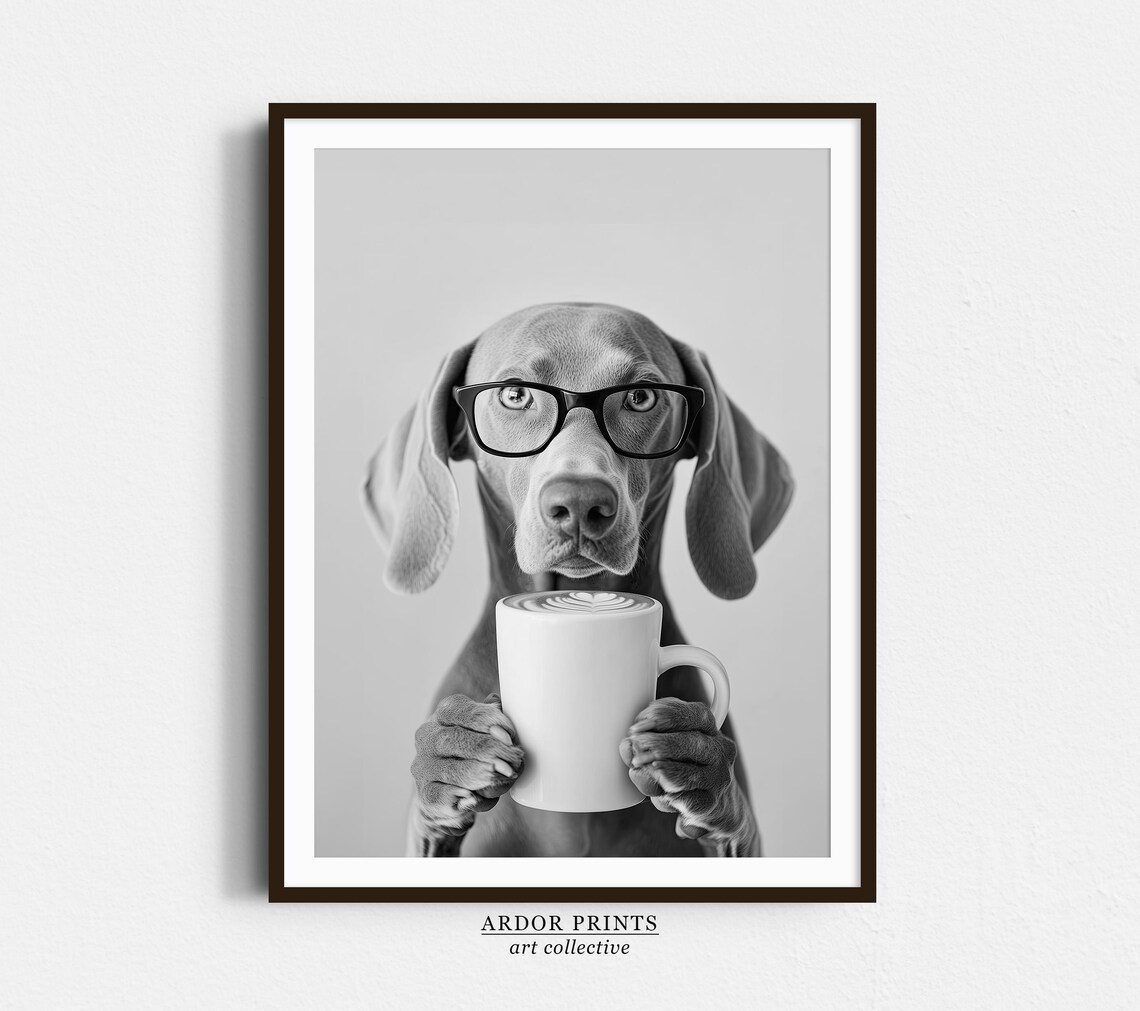 Weimaraner Holding Coffee, Black And White Art Print