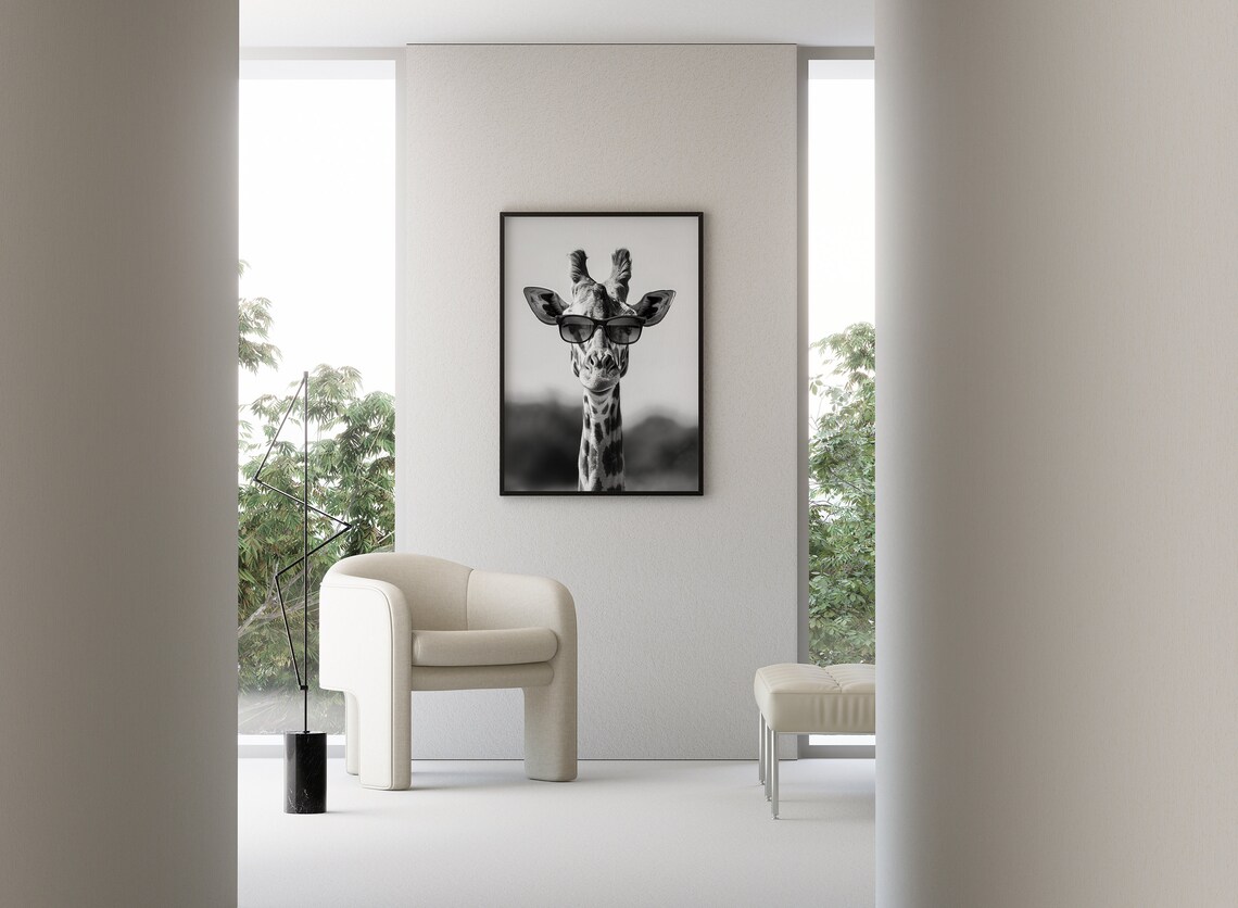 Giraffe Wearing Sunglasses Black and White Animal Portrait Poster - Image 3