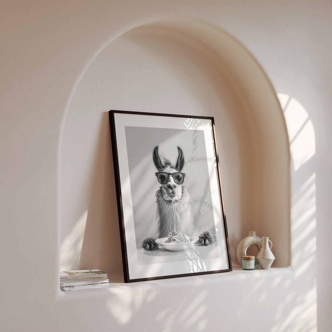 Llama Eating Spaghetti With Sunglasses Black and White Poster - Image 4