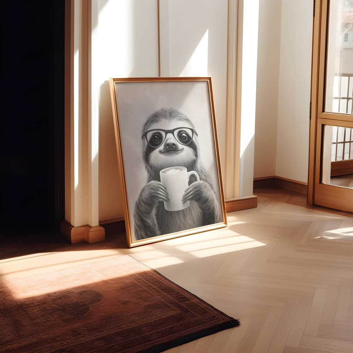 Sloth Drinking Coffee Black And White Art Print - Image 2