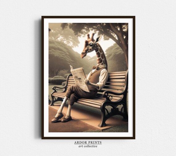 Giraffe in Bow Tie Reading Newspaper on Park Bench Sepia Funny Poster