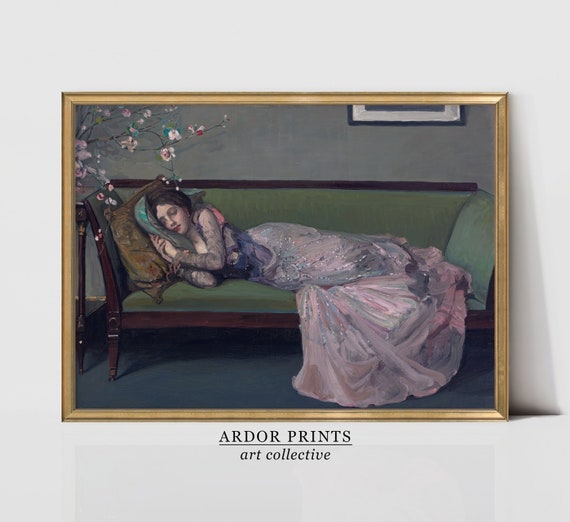 Woman Sleeping On Green Sofa Pink Gown Vintage Oil Painting Poster