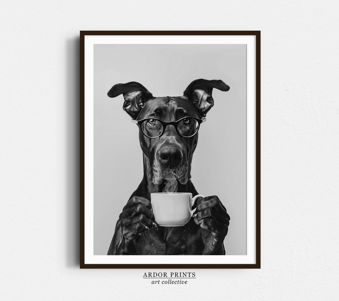 Great Dane With Glasses Holding Coffee Black and White Poster