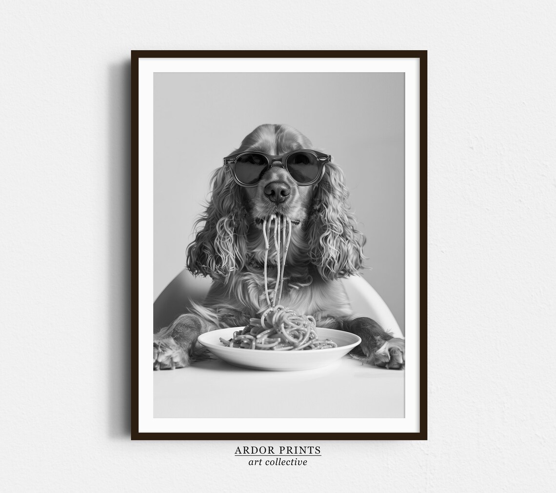 Cocker Spaniel Eating Pasta, Funny Dog Art Print