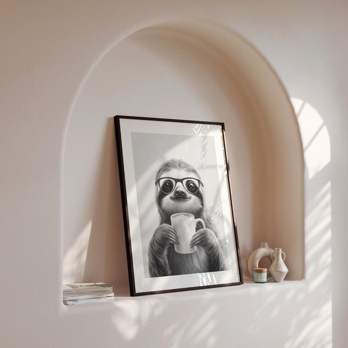 Sloth Drinking Coffee Black And White Art Print - Image 4