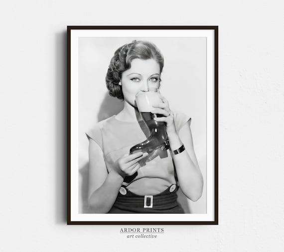 Woman Drinking Beer From a Boot Glass Vintage Oktoberfest Style Poster