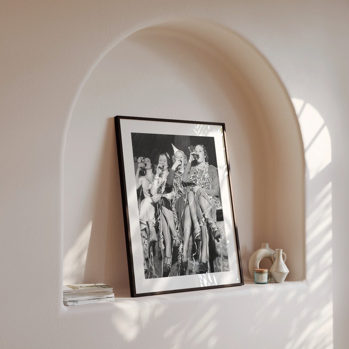 Four Friends Drinking Wine Vintage Party Black and White Poster - Image 4