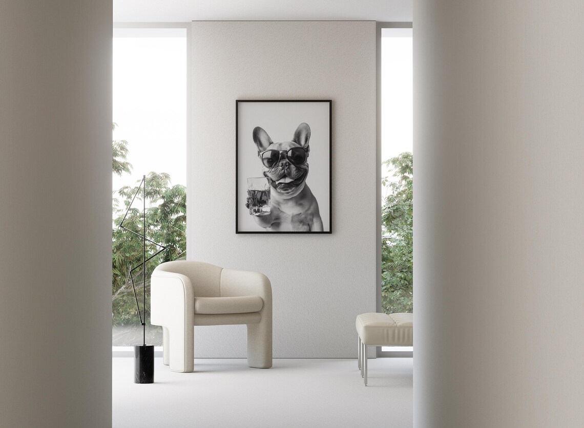 French Bulldog Drinking Whiskey Sunglasses Bourbon Funny Dog Wall Art - Image 3