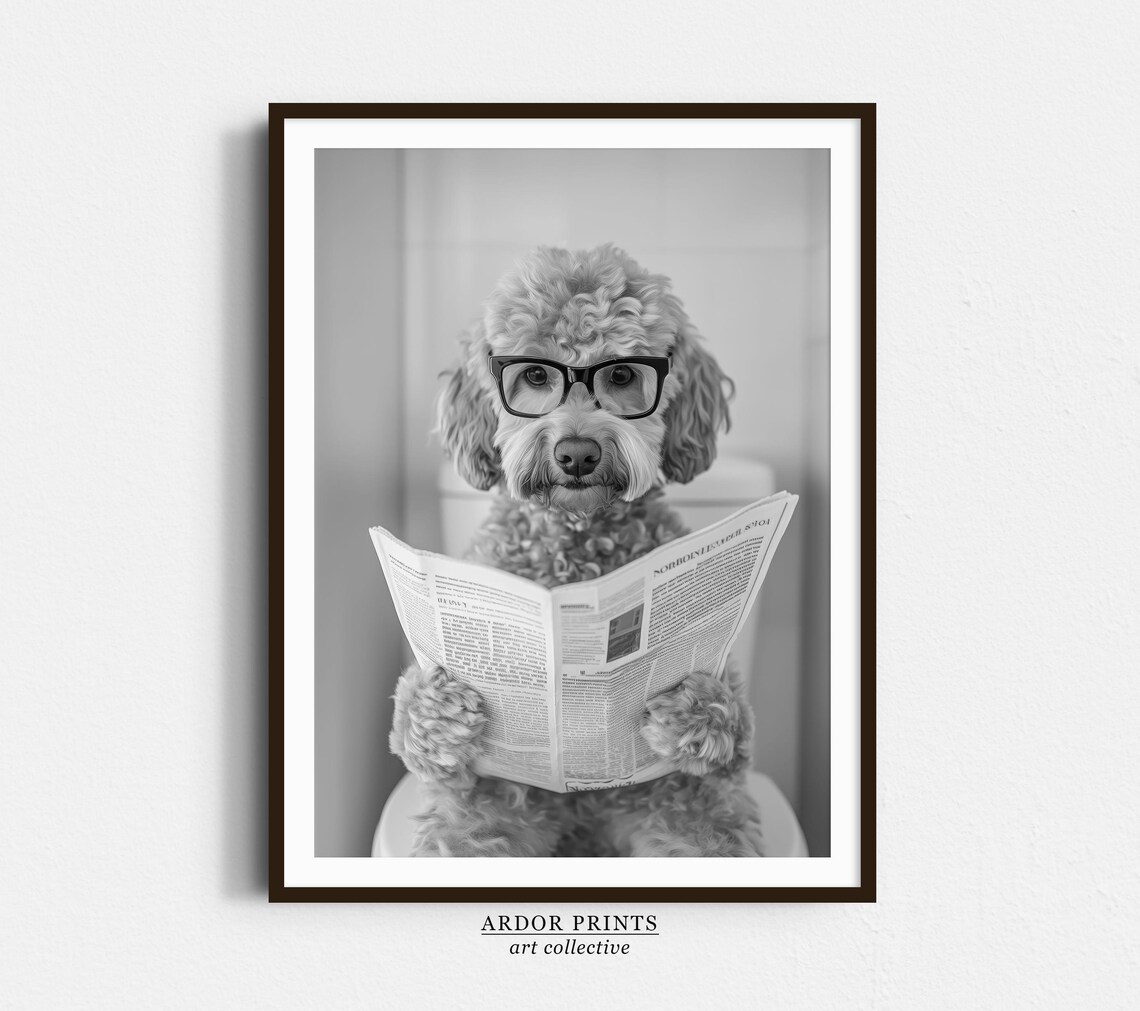 Goldendoodle Bathroom Humor Art Print, Dog Reading