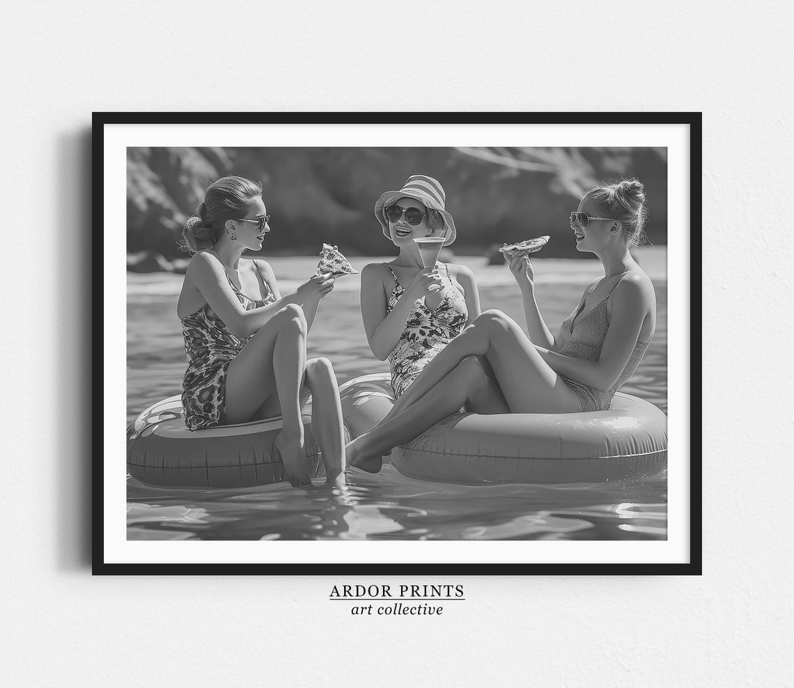 Women Eating Pizza On Pool Floaties Summer Party Vintage Photo Poster