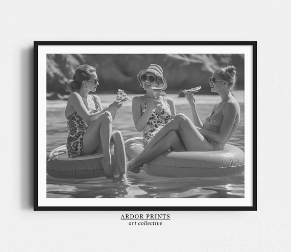 Women Eating Pizza On Floaties Wall Art Drinking Beer Eating Pizza On Lake Black And White Print Vintage Wall Art Kitchen Wall Decor