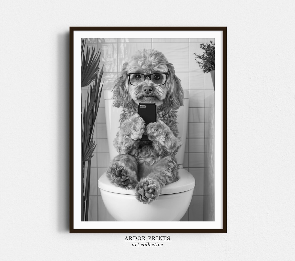 Cavapoo Sitting On Toilet, Funny Bathroom Wall Art