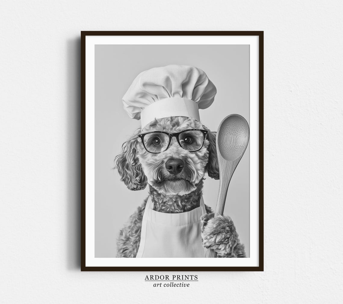 Labradoodle Chef Wearing Glasses Holding Wooden Spoon Kitchen Poster