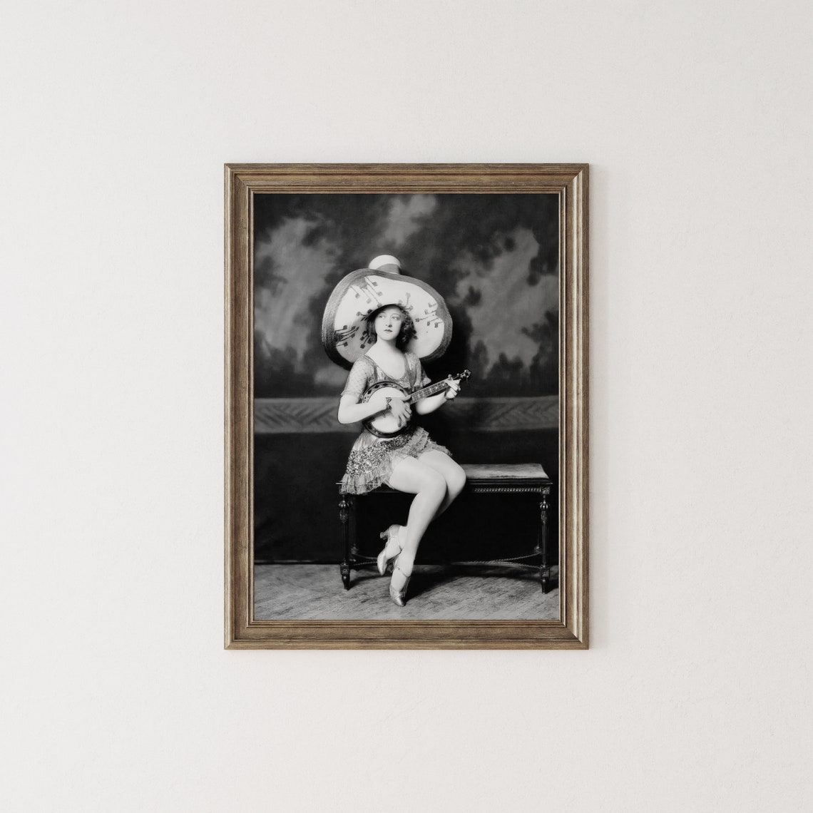 Vintage Girl With Banjo And Sombrero Wall Art 1920s Fashion Beauty Ziegfeld Follies Black And White Print Flapper Girl Retro Wall Decor - Image 2