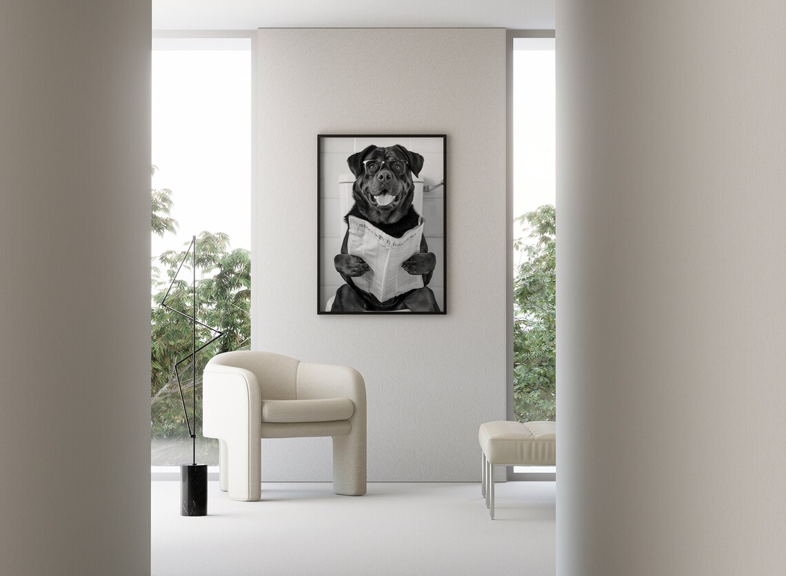 Rottweiler Bathroom Dog Poster, Black And White Print - Image 3