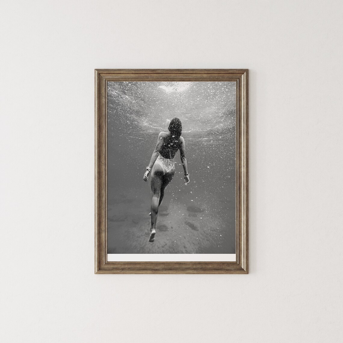 Woman Swimming Underwater Black And White Ocean Photography Poster - Image 2