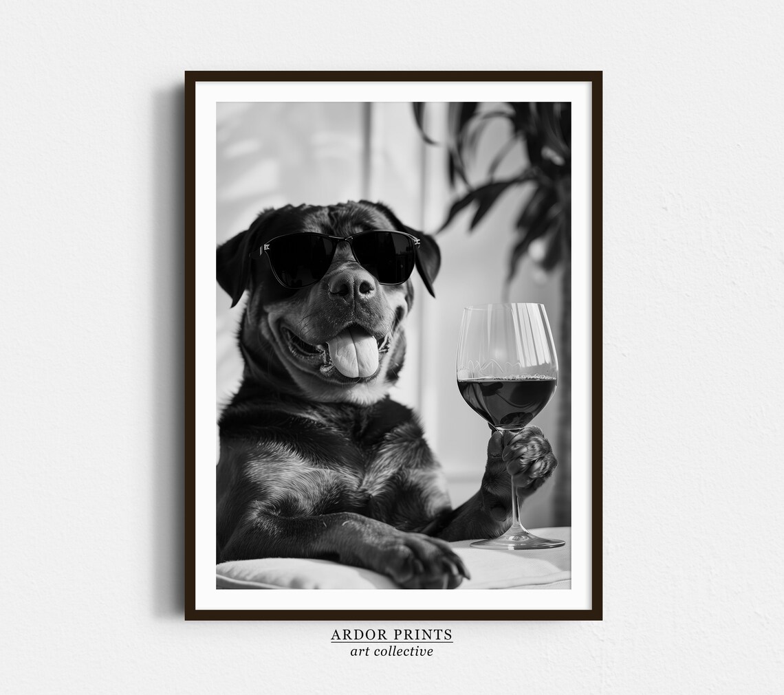 Rottweiler Drinking Wine Black And White Art Print