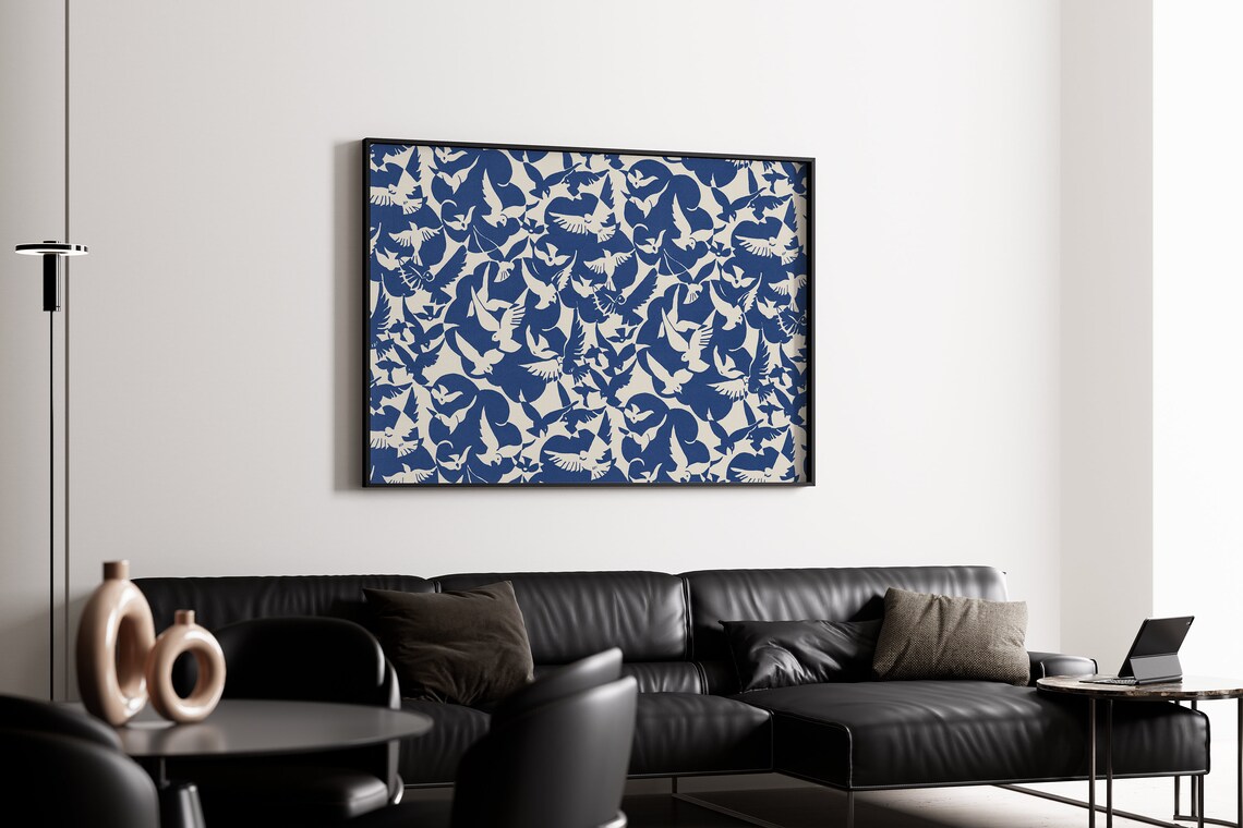 Vintage Abstract Bird Pattern, Blue And White Pigeons - Image 4