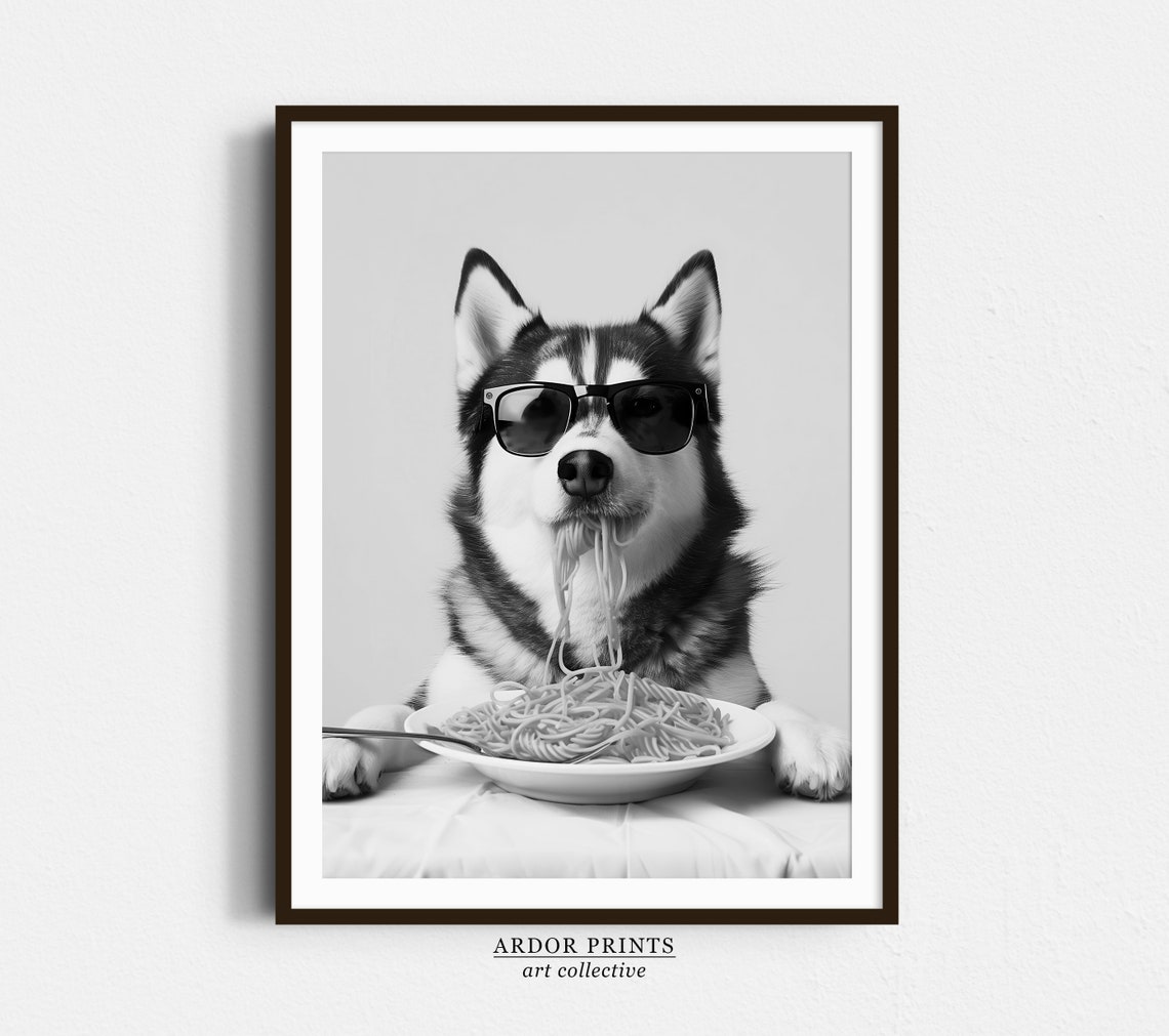 Siberian Husky Eating Spaghetti With Sunglasses Funny Poster