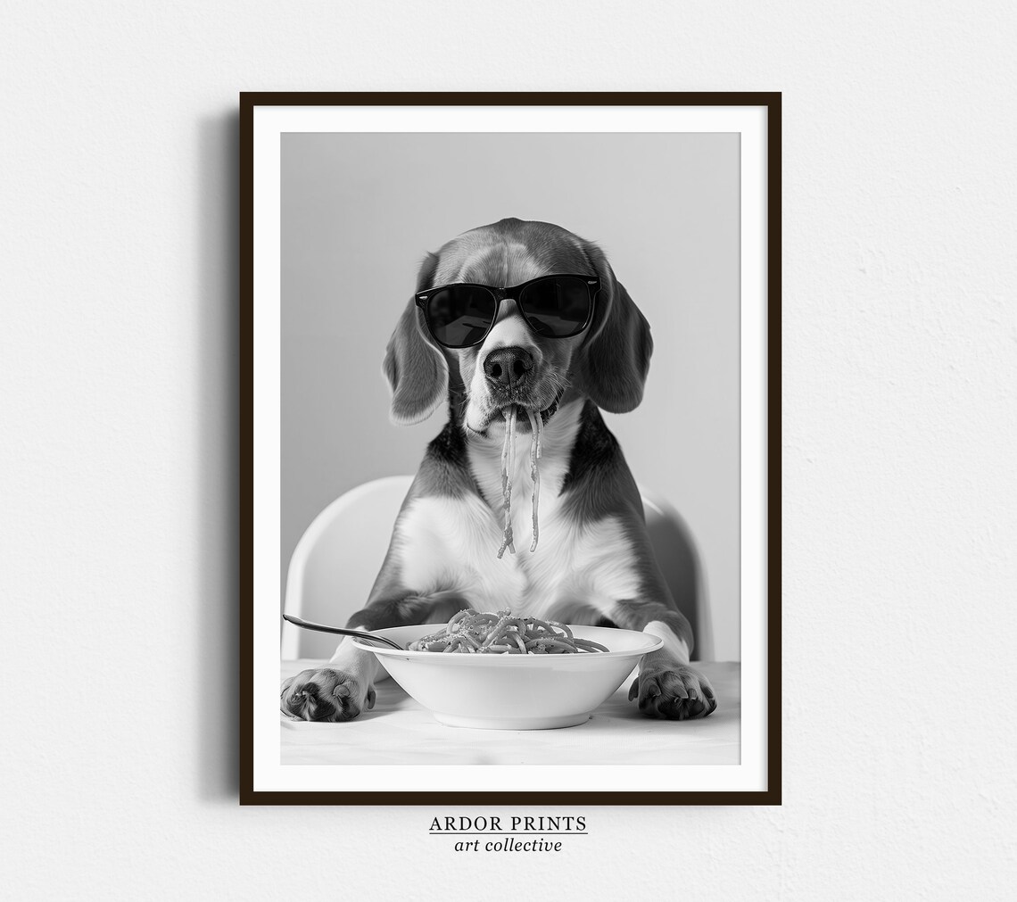 Beagle Eating Pasta Art Print, Funny Dog Kitchen Decor