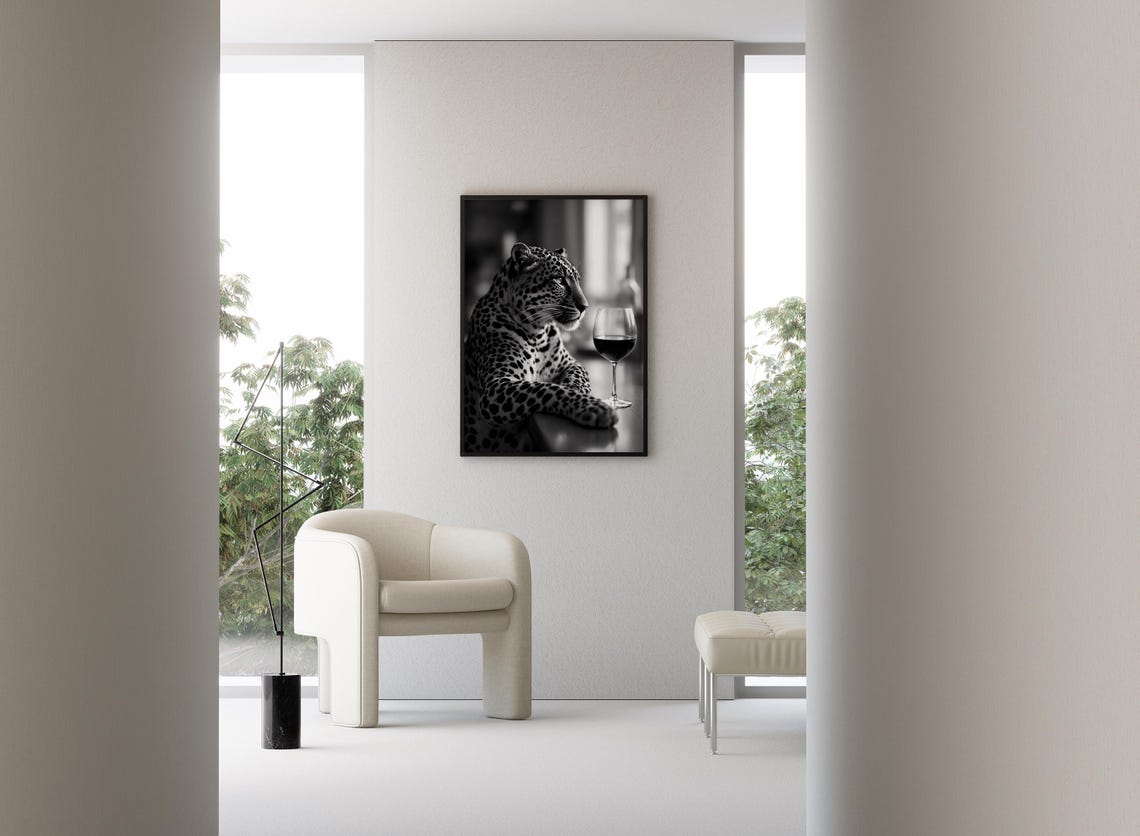 Leopard Resting at Bar Beside Glass of Wine Black White Poster - Image 3