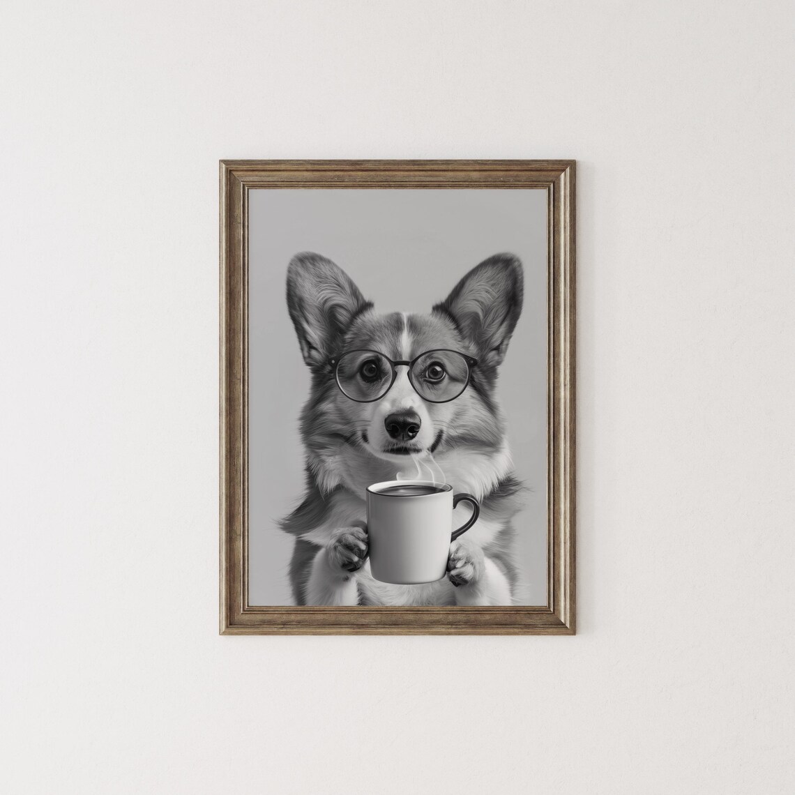 Corgi With Glasses Holding Coffee Mug Black and White Poster - Image 2