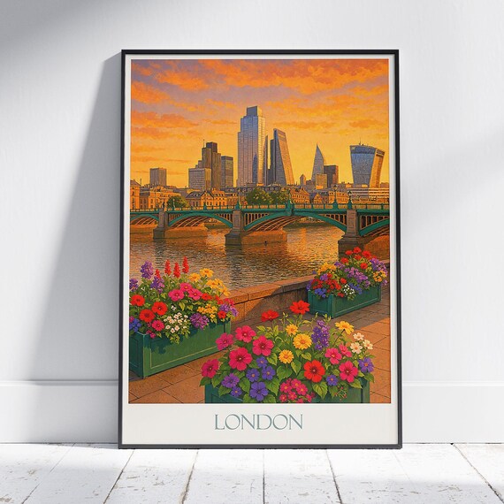 London City Skyline Sunrise Poster Southwark Bridge Thames Golden Glow View