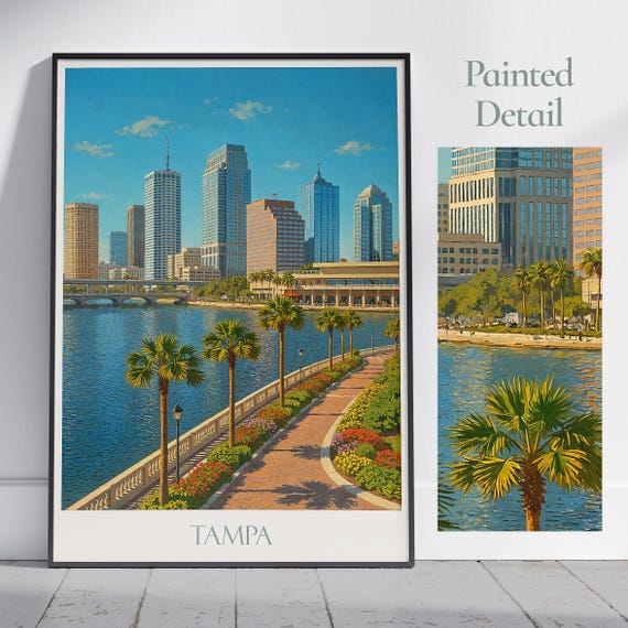 Tampa Travel Poster Florida Downtown Cityscape Wall Art Vibrant Waterfront Print Home Decor Vacation Gift