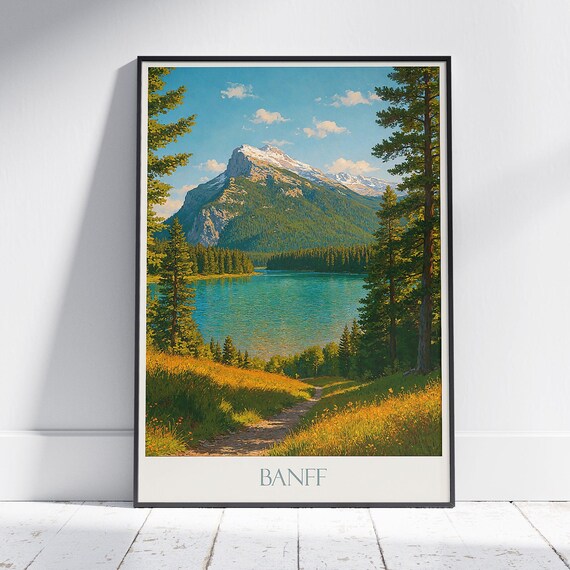 Banff National Park Turquoise Lake Mountain Meadow Vintage Travel Poster