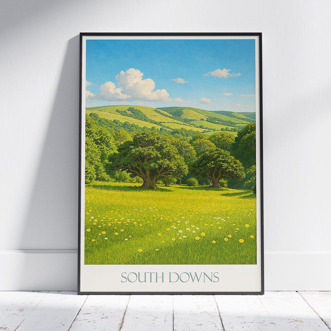 South Downs England Rolling Green Hills Meadow Painted Travel Poster