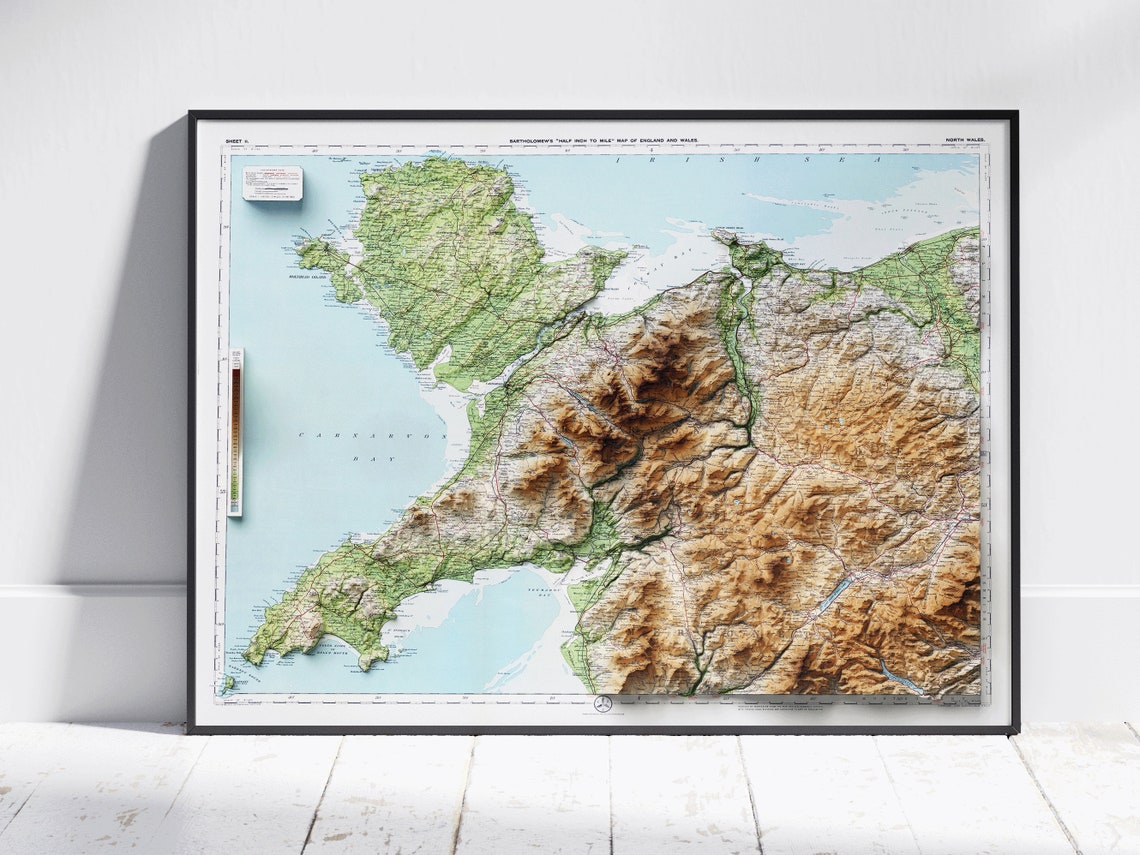 North Wales Anglesey Snowdonia Vintage Shaded Relief Map Poster