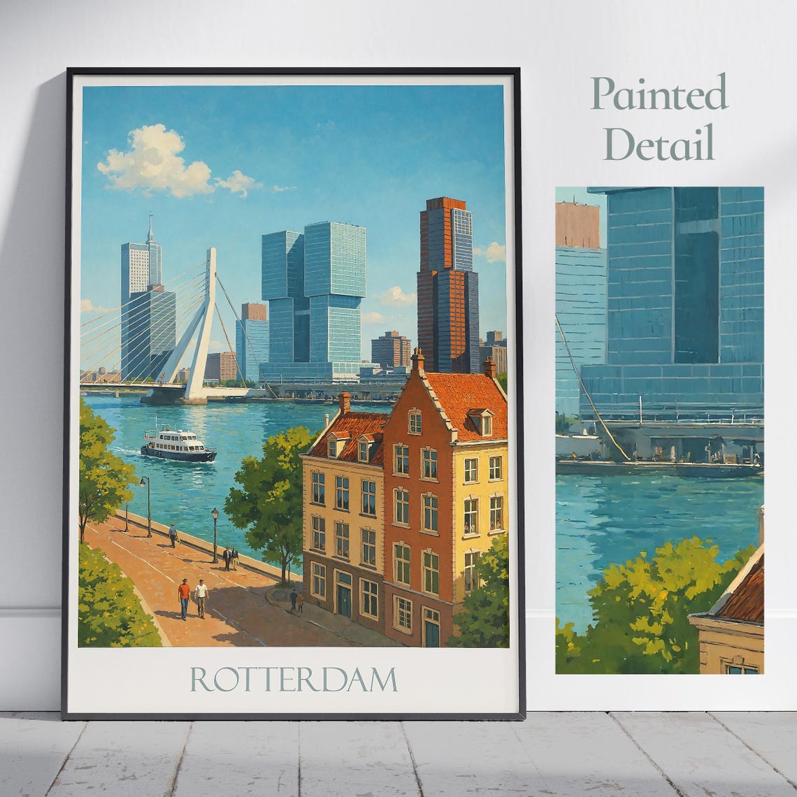 Rotterdam Travel Print Netherlands Cityscape Poster Modern Painted Wall Art Home Decor Erasmus Bridge Gift
