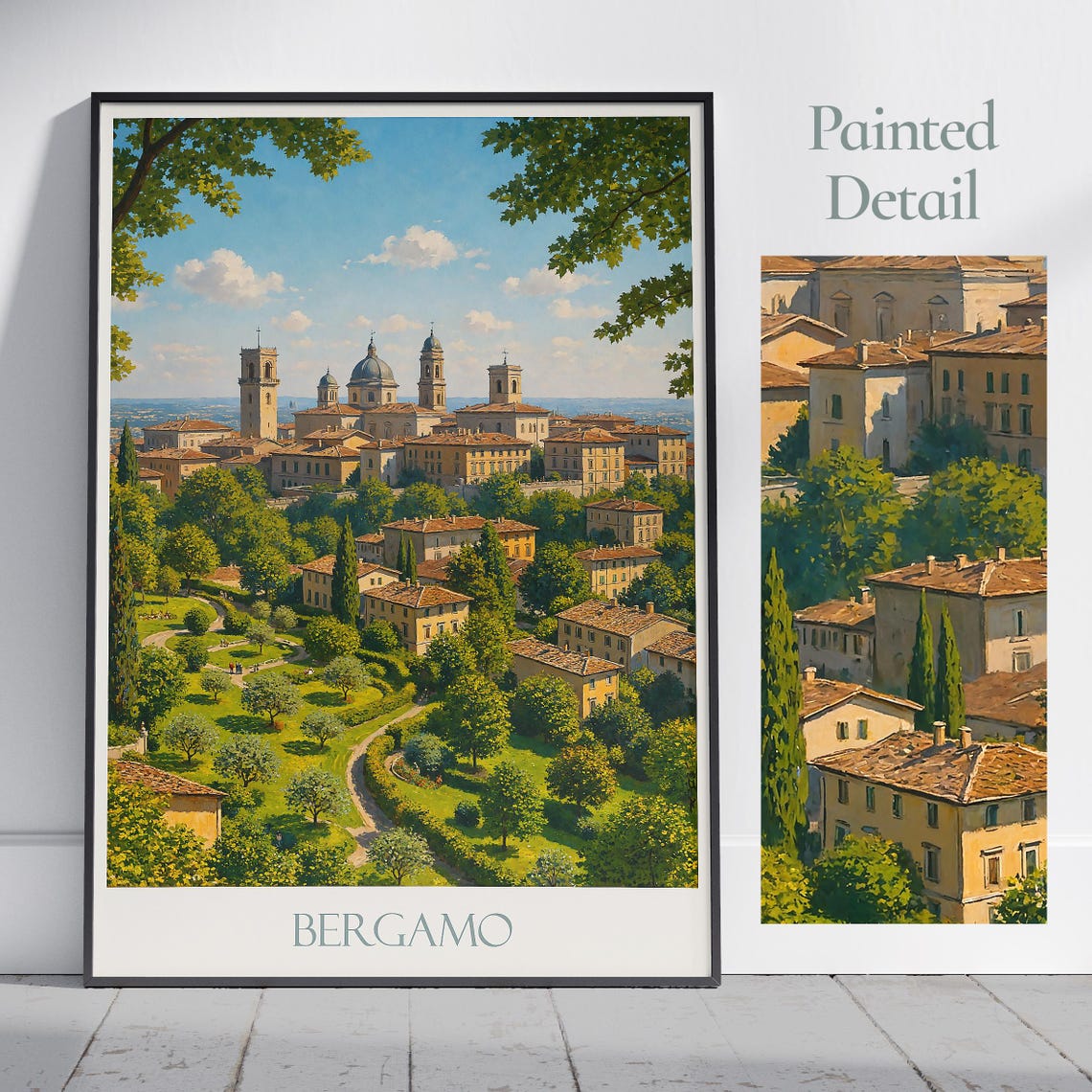 Bergamo Italy Travel Poster Old Town Churches Green Park View Scene
