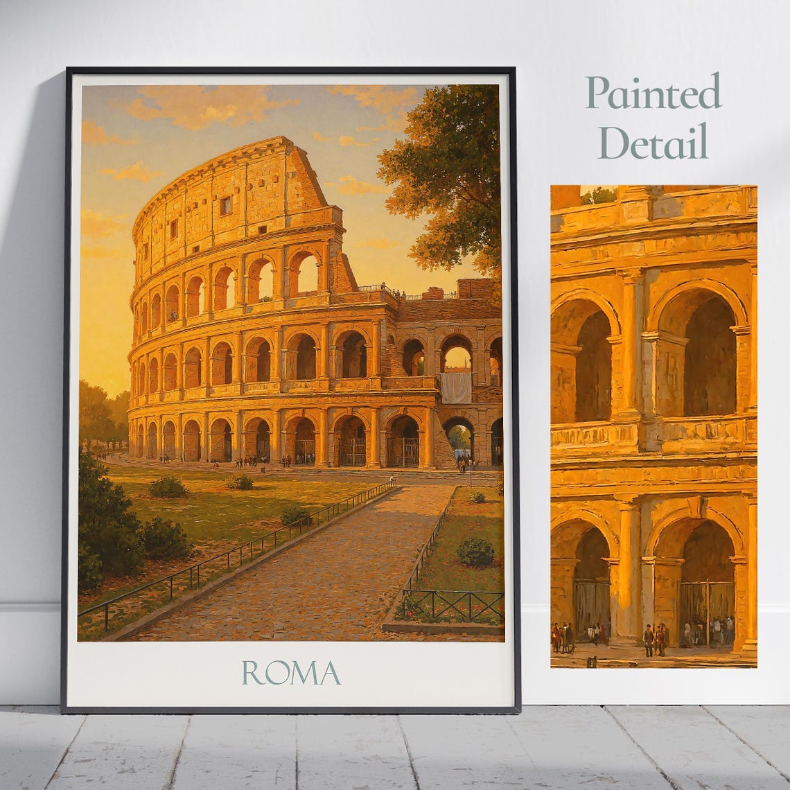 Roma Italy Colosseum at Golden Sunset Painted Detail Art Poster