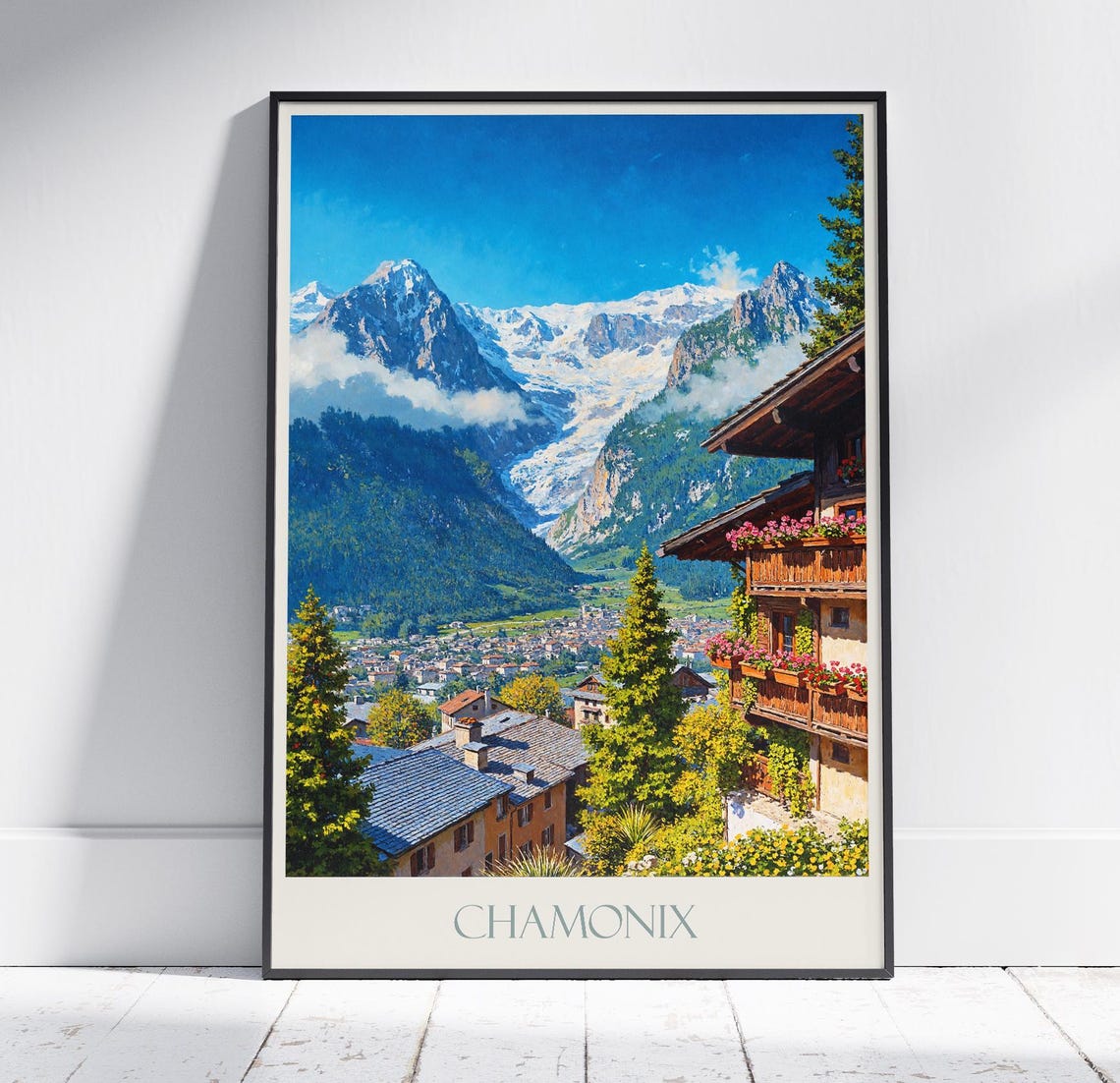 Chamonix France Alpine Chalets Mont Blanc Glacier Travel Poster