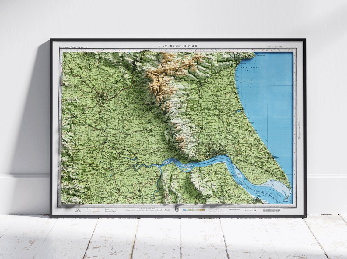 South Yorkshire and Humber Vintage Shaded Relief Map Wall Art