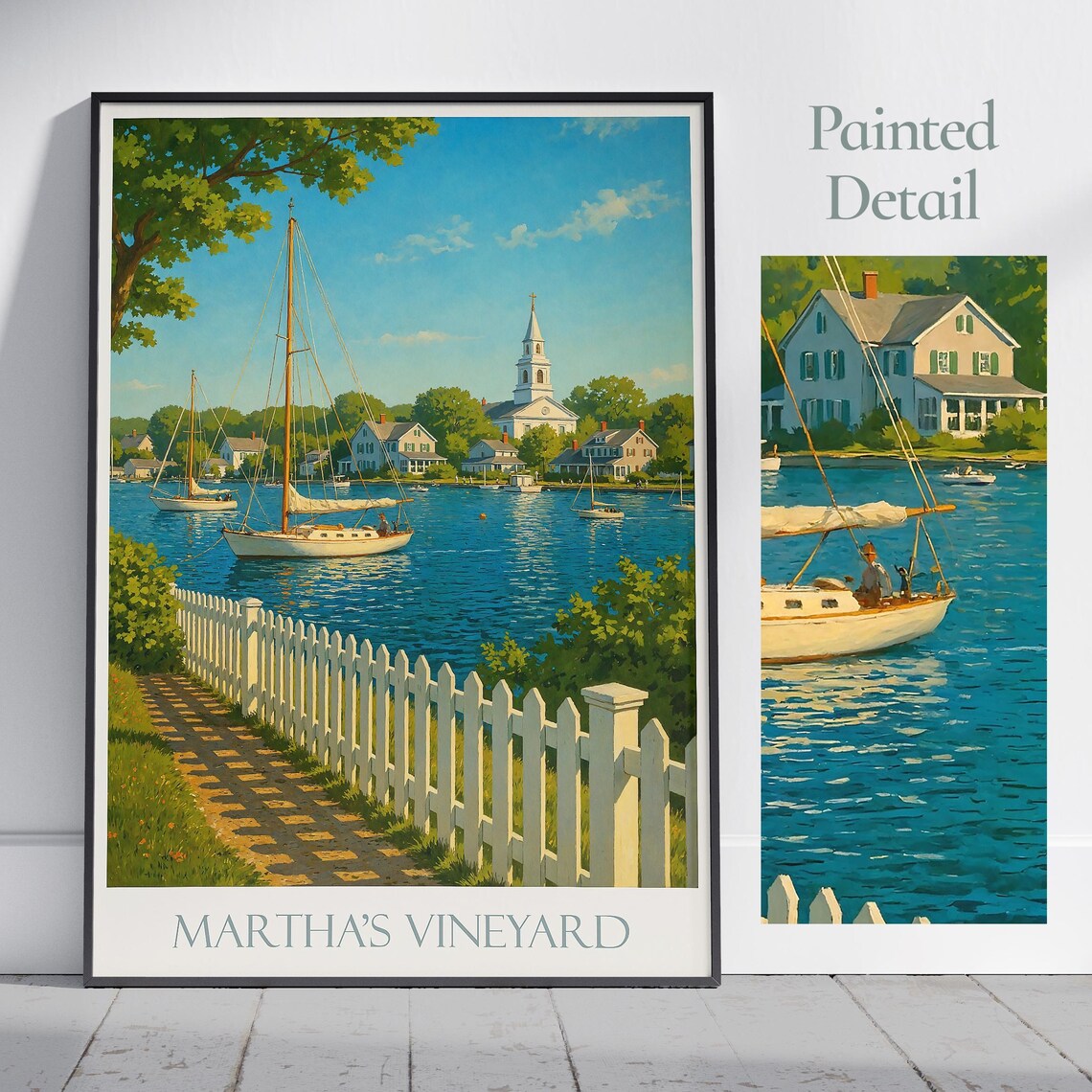 Martha's Vineyard Sailboats Harbor Church New England Travel Poster
