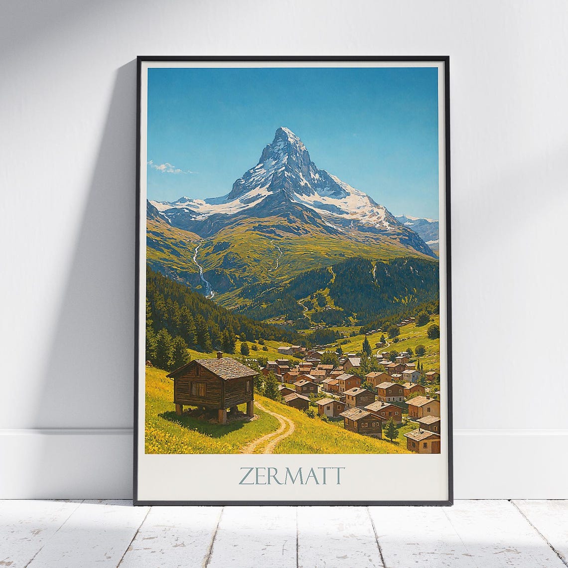 Zermatt Matterhorn Alpine Valley Chalet Painted Travel Poster