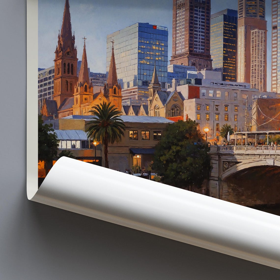 Melbourne City Skyline River Bridge Dusk Painted Australia Poster - Image 3