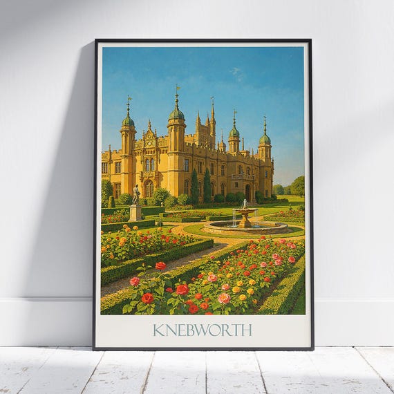 Knebworth House Travel Poster English Stately Home Art Print Hertfordshire Victorian Gothic Elegant Estate Wall Decor