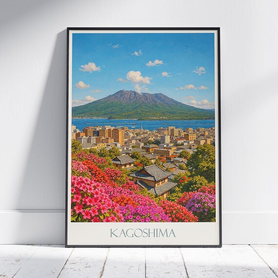 Kagoshima Sakurajima Volcano Cityscape Japan Vibrant Travel Poster